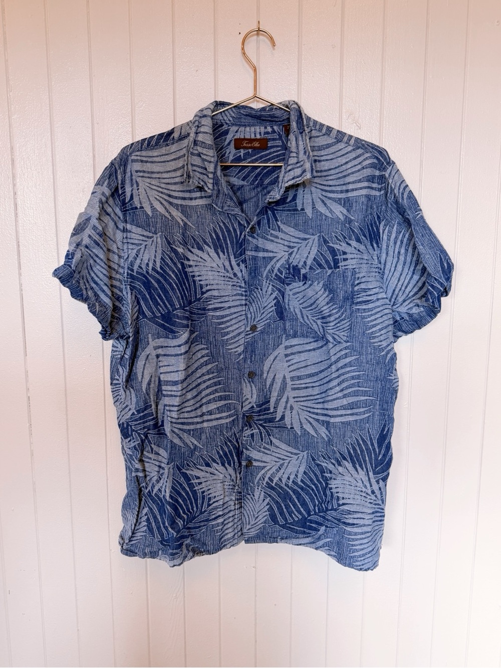 Tasso Elba Blue Palm-Print Linen/Silk Blend Button-Down Shirt